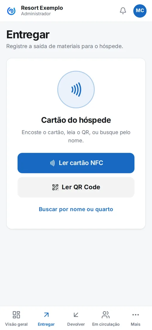 Identificar o hóspede por cartão NFC ou QR